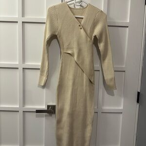 Elegant Cream Ribbed Knit Sweater Dress